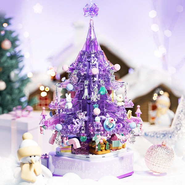  [크리스마스 선물] 크리스마스 미니 트리 캐럴 오르골 LED조명 장난감 추천 L사 호환블럭, 퍼플 