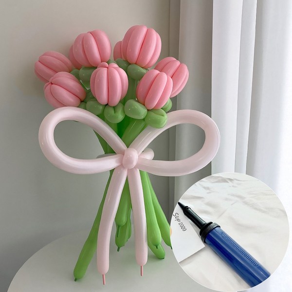  DIY 요술풍선 핑크 튤립 꽃다발 + 손펌프 by 파티아일랜드, 튤립 핑크 꽃다발 + 손펌프 
