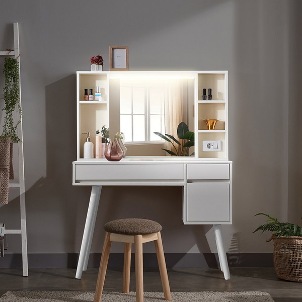  [수납왕 강력추천ITEM] 파로마 베시 LED 수납서랍 화장대 원목다리화장대 콘솔 거울화장대, 화이트 