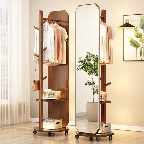 이동식 원목 우드 코너 전신거울 행거 옷걸이 선반, 화이트 xB30 회전형