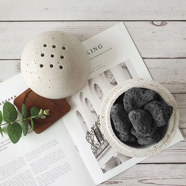 향긔 스톤볼 스톤용기 화산석리드 인센스 디퓨저용기, 블랙 스몰 (지름 10cm), 블랙, 1개