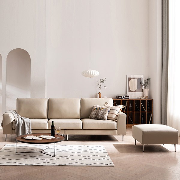 [삼익가구]크레이 천연소가죽 4인용 소파(스툴포함), 아이보리_스툴포함