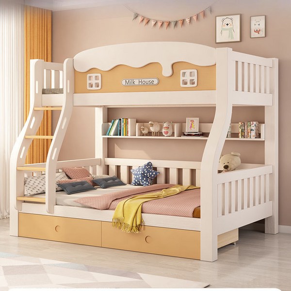 원목 분리형 이층침대, 상층 폭100 하층 폭120, 노란색+하얀색/직사다리+매트리스+서랍+책장