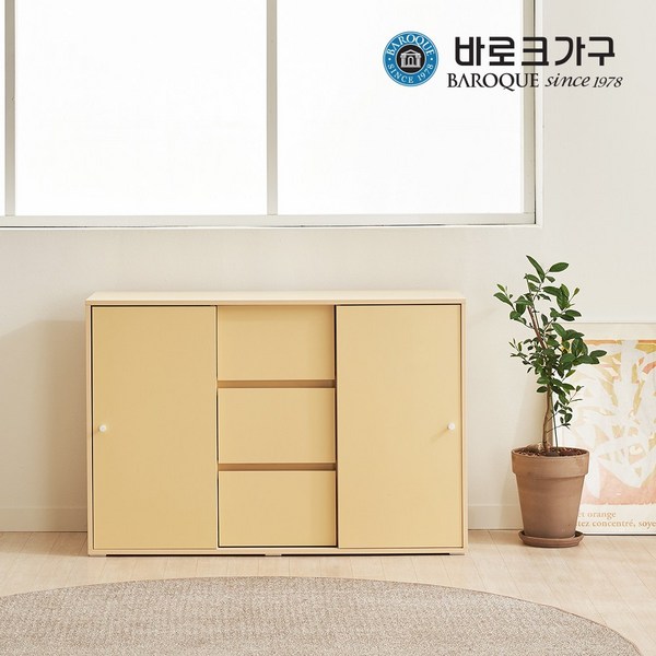 바로크가구 슬링 E0등급 슬라이딩 2도어 1200 서랍 수납장, 버터옐로우