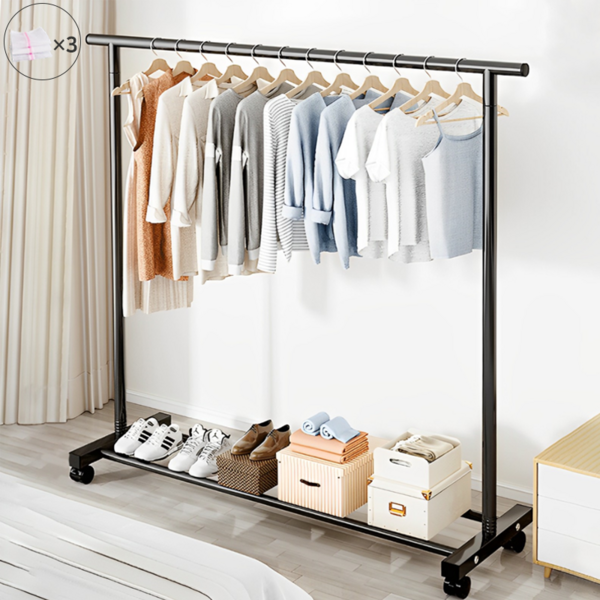 히티야 이동식 옷걸이 행거 튼튼한 일자행거 선반 코트걸이 행거 철제 의류행거 심플리프 고급형, 블랙