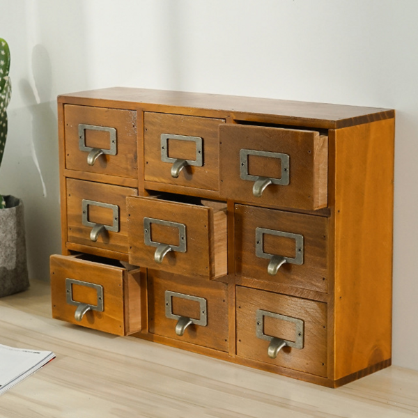 JENMV 약장 우드 수납함 9/16 칸 약장 수납함 원목 빈티지 미니 수납함 약장 인테리어 원목 엔틱가구 엔틱거실장 엔틱장식장 서랍장, 원목색, 1개, 9 칸