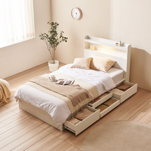 (리뉴얼 특가) 파로마 샐리 LED 수납 침대 원룸 수납침대 슈퍼싱글 프레임 SS 906, 화이트