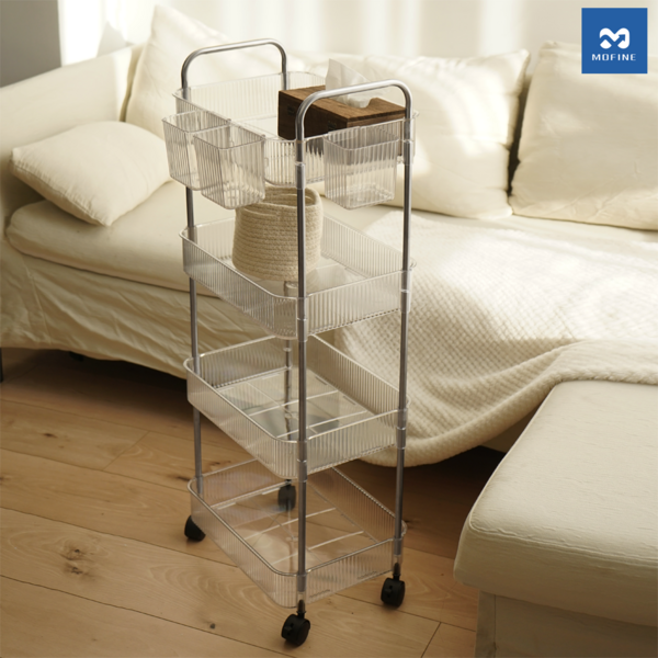 모파인 투명 이동식트롤리 업그레이드 걸이형 바구니 간편조립, 4단 투명트롤리 + 4개의 걸이형 수납바구니