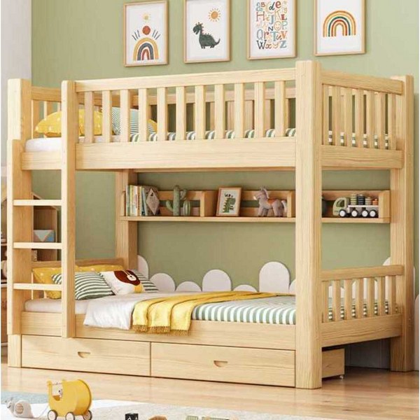 이층침대 어린이 학생 성인 원목 침대프레임 사디리침대, 1000x1900mm, 침대+커튼_나무