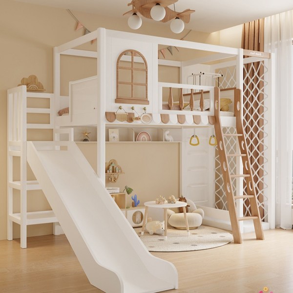 초등학생 독서실 복층 벙커 2층 침대 미끄럼틀 아지트, 로프트 침대 + 사다리 + 슬라이드