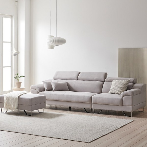 바로방가구 뮤스티 4인용 아쿠아텍스 소파 방수 패브릭 거실 무빙헤드레스트 헤드틸팅 이지클린 3.5인 쇼파, 라이트그레이, 스툴 포함