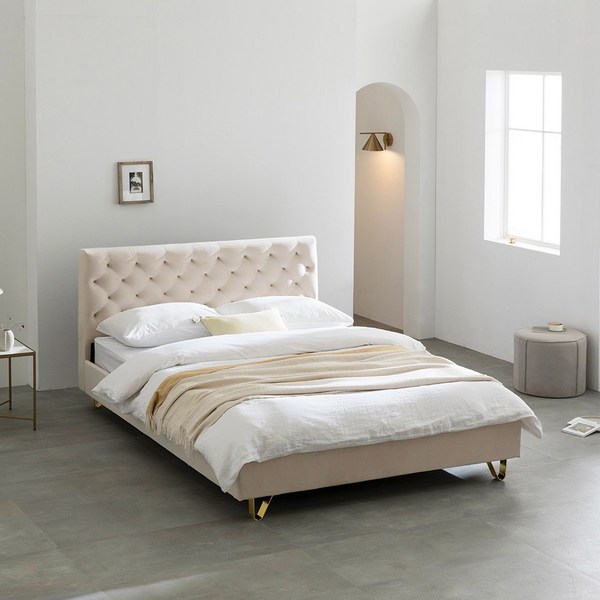  퍼니코 오로라 앤틱 매립형 벨벳 침대 프레임 방문설치, 웜 아이보리 