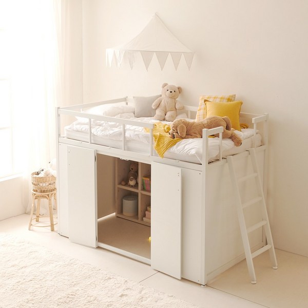  탱크 철제 벙커침대 수납형 화이트 SS 사다리형, 화이트_GMB003WX 