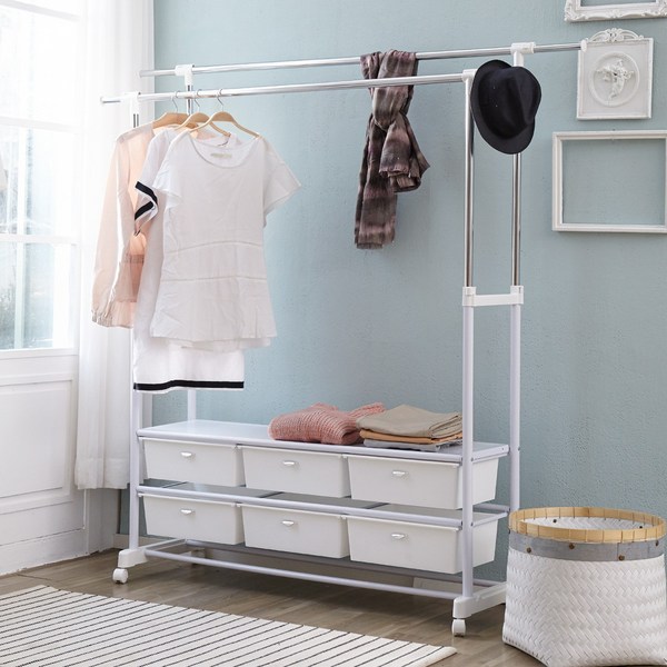 베스리빙 스틸 원목 스탠드 이동식 옷걸이 행거 모음 6종, 04. 3X2 수납형 행거, 화이트