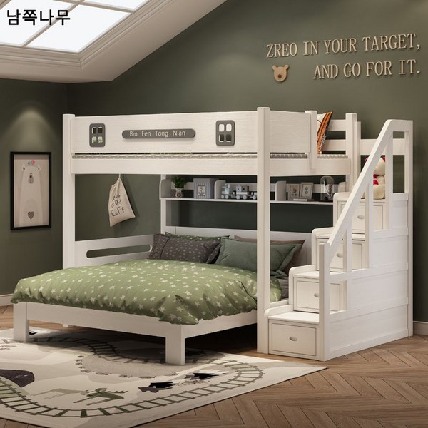 전 원목 상하 2층 침대 상하 자모 저상 고가 침대 학생-패밀리형 2인용 원목 이층침대, 사다리걸레+1.2m 라지침대+매트리스+책꽂이, 1200mm*2000mm, 흰색
