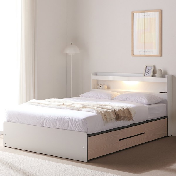 바로방가구 샤인 LED 수납형 서랍형 슈퍼싱글 퀸 침대 프레임 ss q, 퀸(Q)/4단서랍형(매트리스제외), 화이트그레이워시