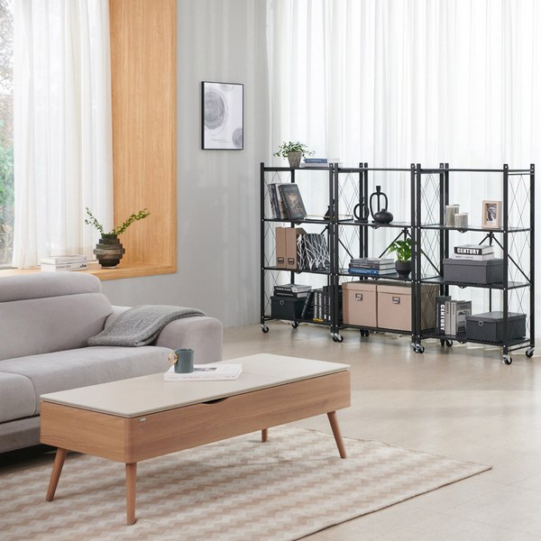 센스업 1+1 접이식 4단 철제 선반 세트 화이트 블랙, 2개