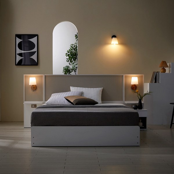베디스 호텔식 오로라 템바보드 LED조명 멀티수납 침대 QK + 패널1 + 협탁1, 화이트+화이트