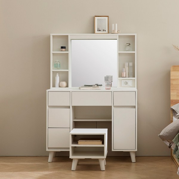  [귀여운스툴100%선물] 파로마 티아나 LED 수납 서랍 화장대세트 스툴포함세트, 화이트+트위드브라운원목쿠션 