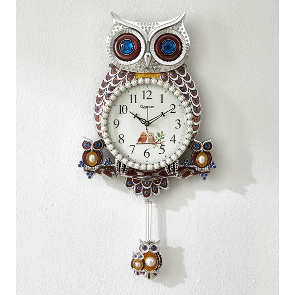  리빙스토리 시그너스 국산 무소음 벽걸이시계 복을가져다주는 빅사이즈 로얄부엉이시계 거실 인테리어 집들이 이사 선물, 실버 