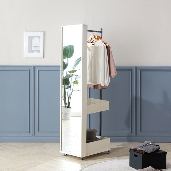  리시스 멀티이동형 전신거울 2단 수납 행거, 아이보리 