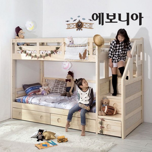 에보니아 미키 SS 슈퍼싱글 원목 이층침대 (매트포함/안전가드포함), 화이트워시 프레임