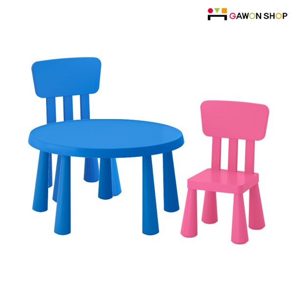 이케아 MAMMUT 원형테이블(블루) + 등받이의자2개 세트, 블루2개
