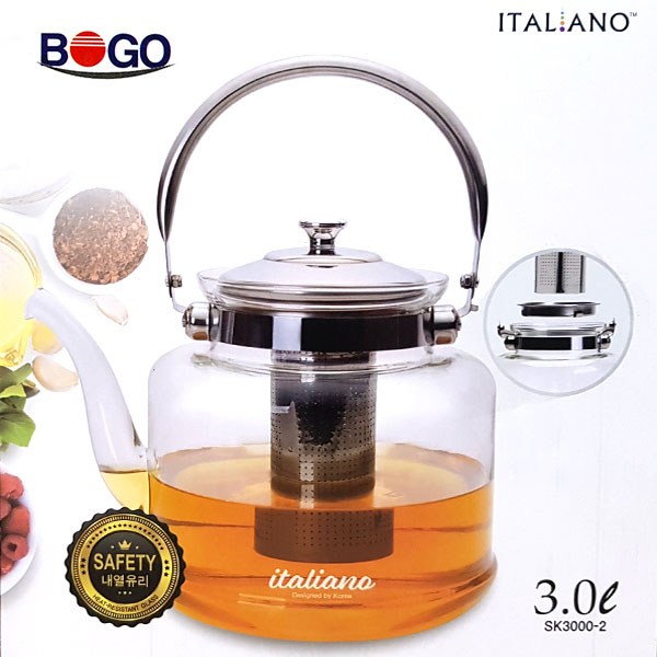 보고나라 대용량 유리주전자3000ml 스텐망 유리약탕기 차망주전자 유리포트 직화, 1개, 3L