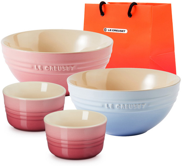 르크루제 면기 + 라메킨 대 + 쇼핑백 L 세트 5p, 로즈쿼츠, 코스탈블루(면기), 로즈쿼츠(라메킨), 면기 2종 + 라메킨 대 2p + 쇼핑백 L, 1세트