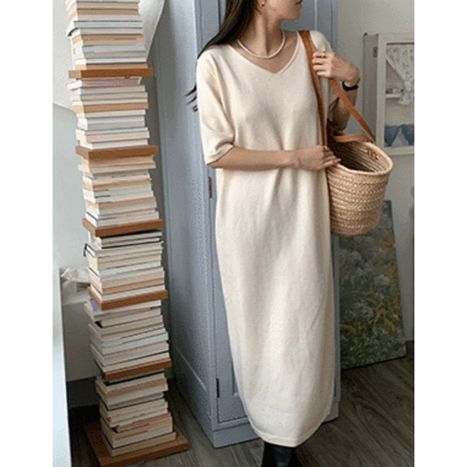 썸데이 브이넥 니트 롱 원피스 / 하객룩 니트 브이넥니트 데일리원피스 반팔원피스