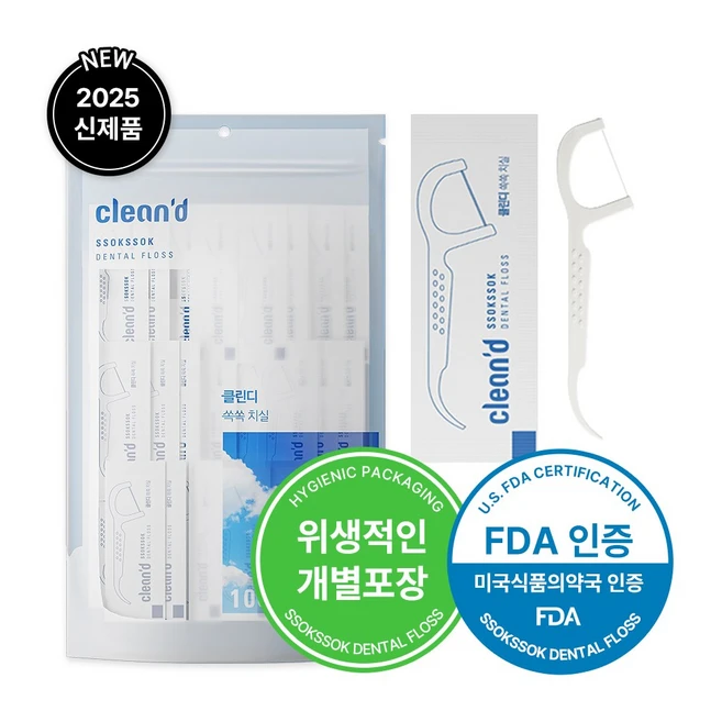 클린디 일회용 개별포장 초고밀도 폴리에탈린 고급 원사 사용 치실 100개입, 7.5cm, 1세트