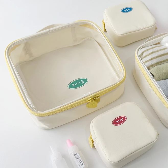 어린이집 유치원 방수 투명 파우치 이니셜제작 준비물 여벌옷 고리수건, 와펜형 / 귀염체, 분홍