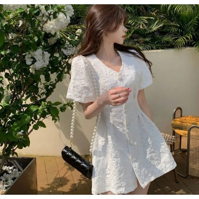 브이넥 원피스 미니 데이트룩 데일리 반팔 소개팅 A라인