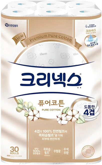 크리넥스 퓨어코튼 천연펄프 4겹 고급롤화장지, 25m, 30개입, 1개