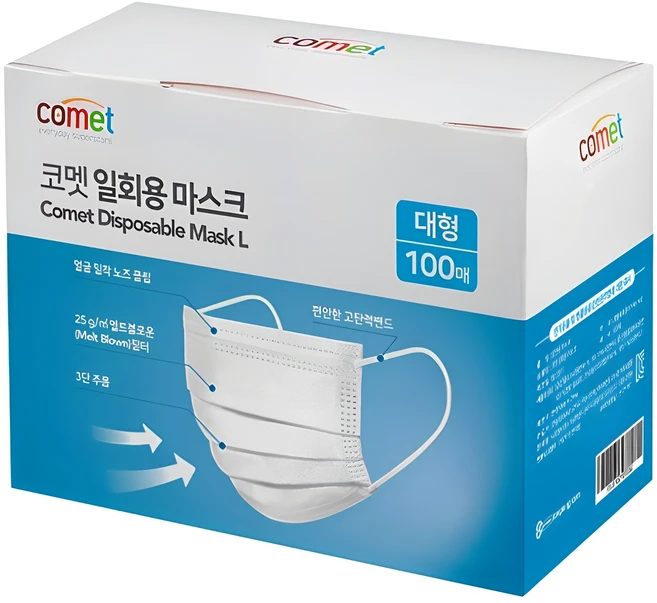 코멧 일회용 마스크, 100개입, 1개, 화이트