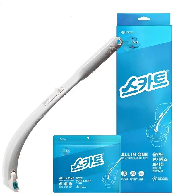스카트 올인원 변기 청소 브러쉬 아쿠아 샤워 핸들 + 리필 24p 세트, 1세트
