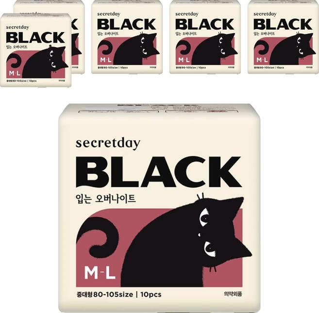 시크릿데이  블랙캣 입는 오버나이트, 중대형, 60개입 (10개입 X 6팩)