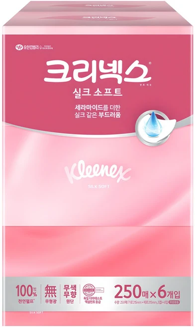크리넥스 실크 소프트 천연펄프 미용티슈 2겹, 250매, 6개