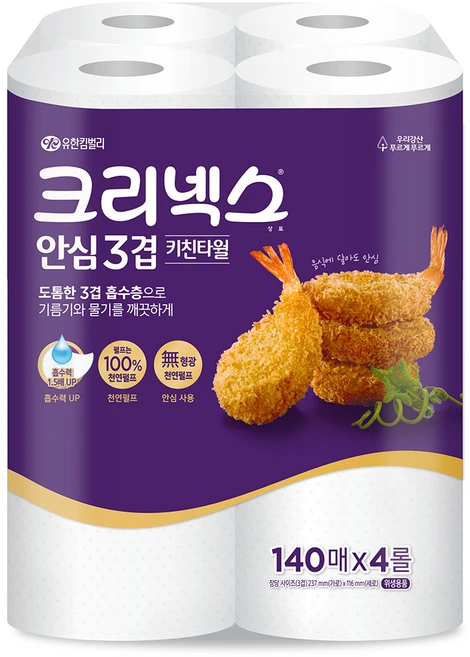 크리넥스 안심 3겹 천연펄프 키친타월, 140매, 4개