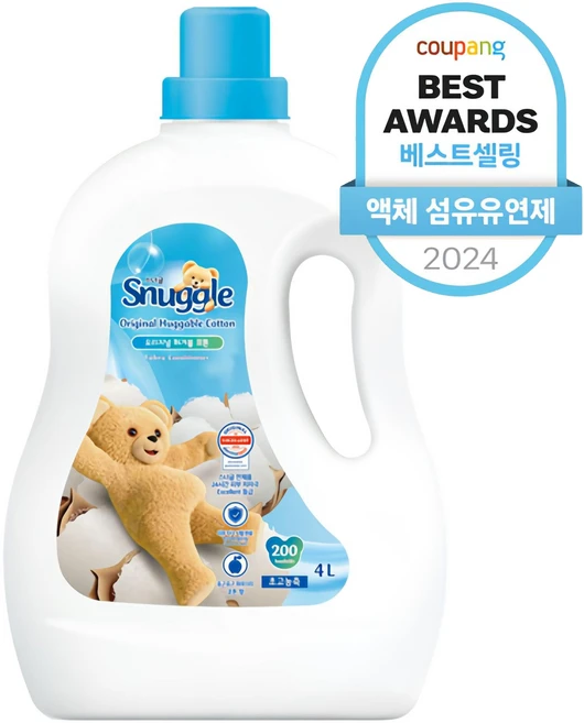 스너글 초고농축 섬유유연제 오리지널 허거블 코튼 본품, 4L, 1개