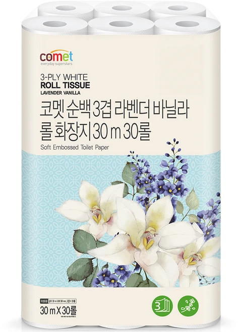 코멧 순백 3겹 라벤더 바닐라 롤화장지 30m, 30개입, 1개