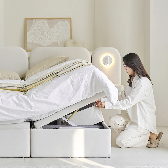 아씨방가구 플랜스 트윈 부부 리프트업 수납 패브릭 호텔 침대 K+조명협탁, 침대프레임, 아이보리