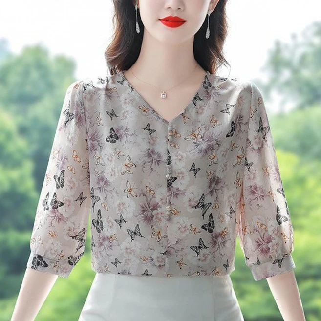 쁘띠꼬모 여성 쉬폰 블라우스 잔꽃무늬 7부 소매 셔츠 W 541719