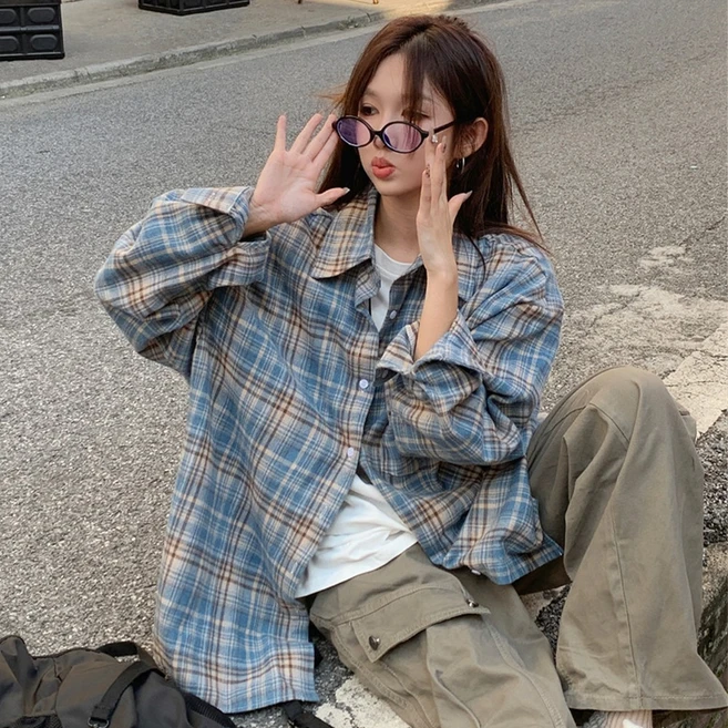 여성 리오라 러블리 오버핏 체크남방 자켓 셔츠(4color) 루즈핏 데일리