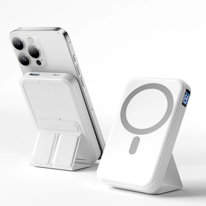TRYSEEK 맥세이프 보조배터리 10000mAh 15W 무선 보조배터리 고속충전 PD22.5W QC3.0 C타입 핸드폰거치대, 화이트, W15