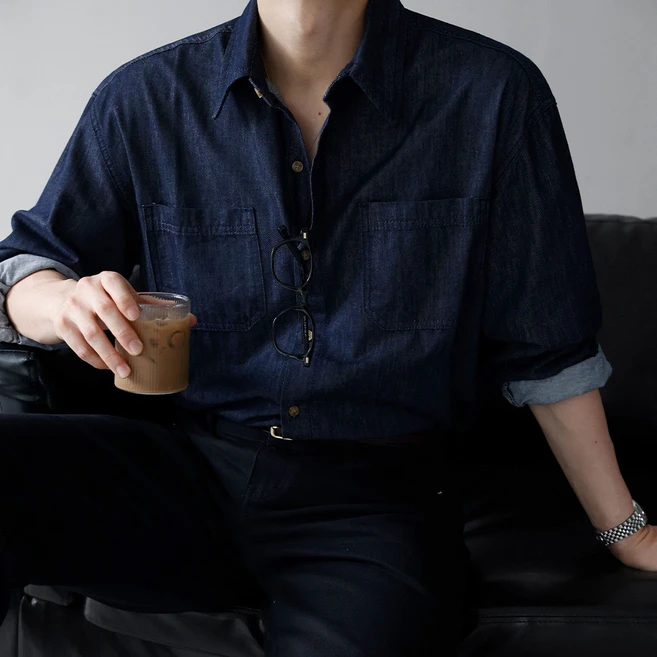 베이직바이블 남자 오버핏 생지 데님 셔츠 논페이드 이염없는 남방(4color)