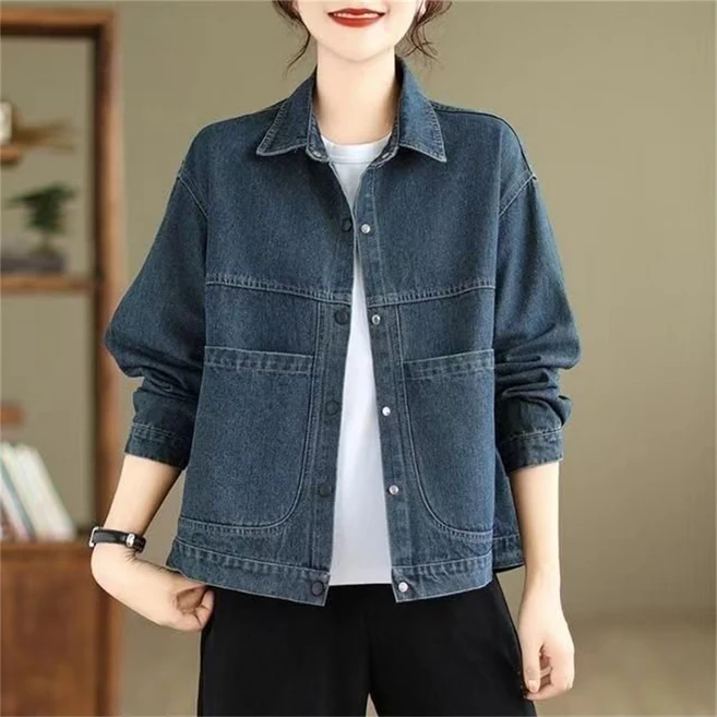 besteffie 중년여성 데님 코트 스텐다드핏 아우터 투포켓 버튼입체장식 포인트 데님청자켓 스타일리쉬 K16