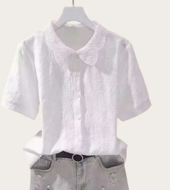 쌍천 레이스 카라 순면 반팔 블라우스 티셔츠
