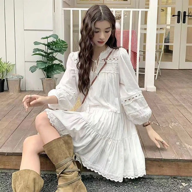 YANGTA 여름 여성 쉬폰 레이스 펀칭 원피스 화이트 심플 원피스
