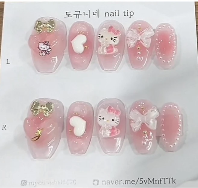 헬로우키티2종 수제네일팁, M, 핑크, 1개